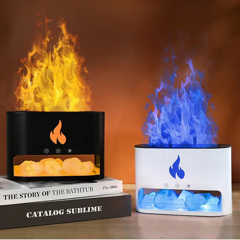 New Flame Humidifier with 3D simulation flame, crystal salt stone, colourful night light, USB powered, white shell