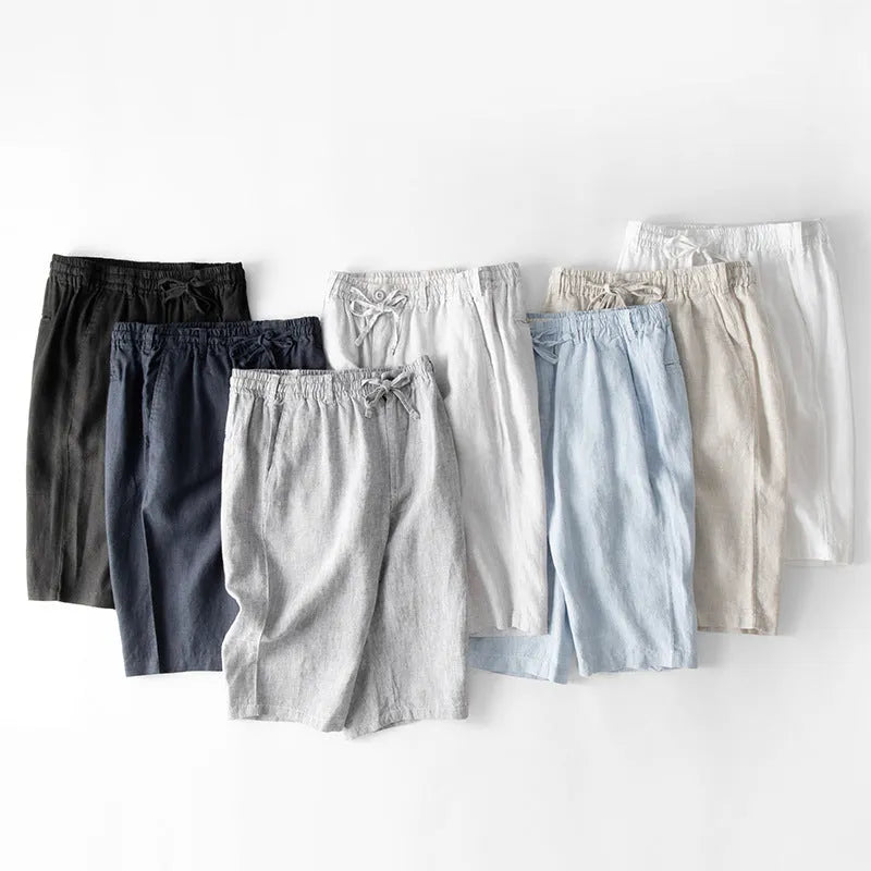 Casual loose beach capris for men in linen, shown in light gray colour with straight-leg fit