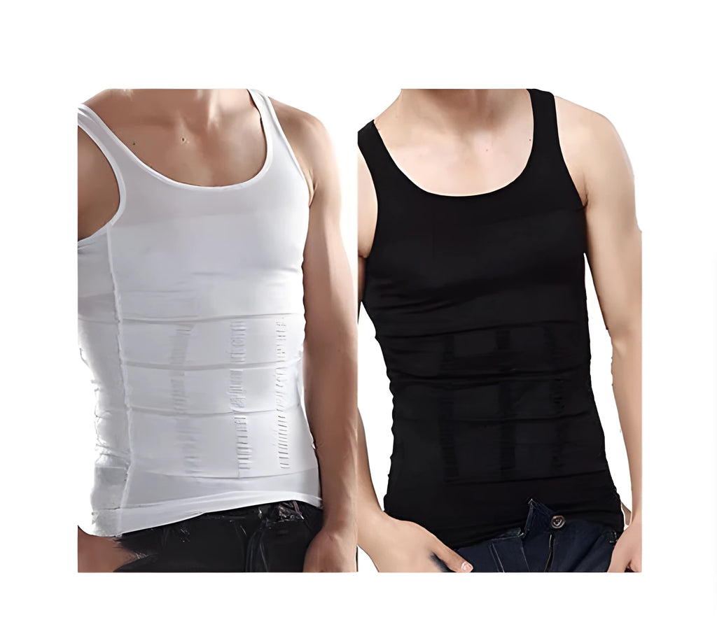 Men's slim body lift shaper vest in black, showing front view of compression underwear for belly control