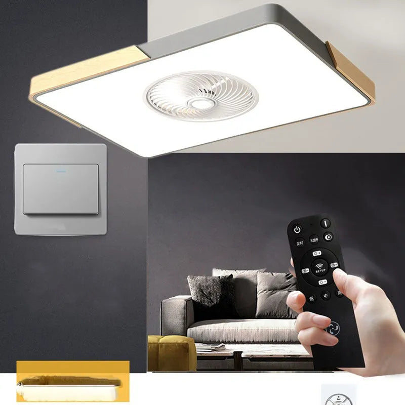 Nordic style solid wood ceiling fan with integrated light and PVC shade in rectangular, square and round designs.