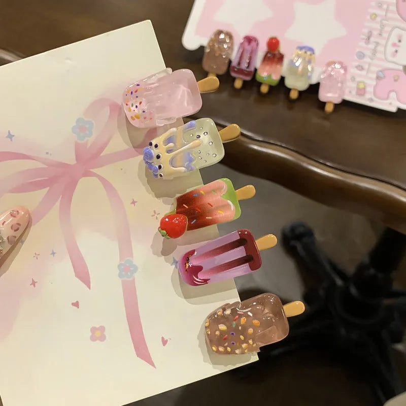 Cartoon ice cream resin barrette side clip for women in beige colour with ice candy design