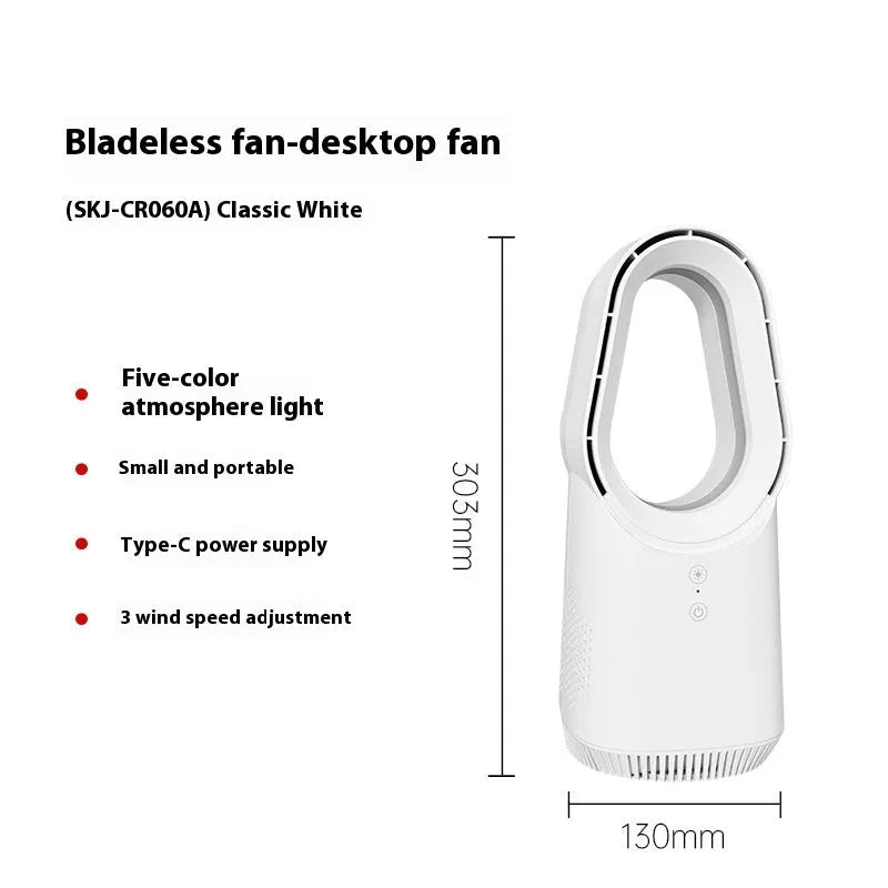 White bladeless tower fan with remote control and touch screen buttons for floor or desktop use