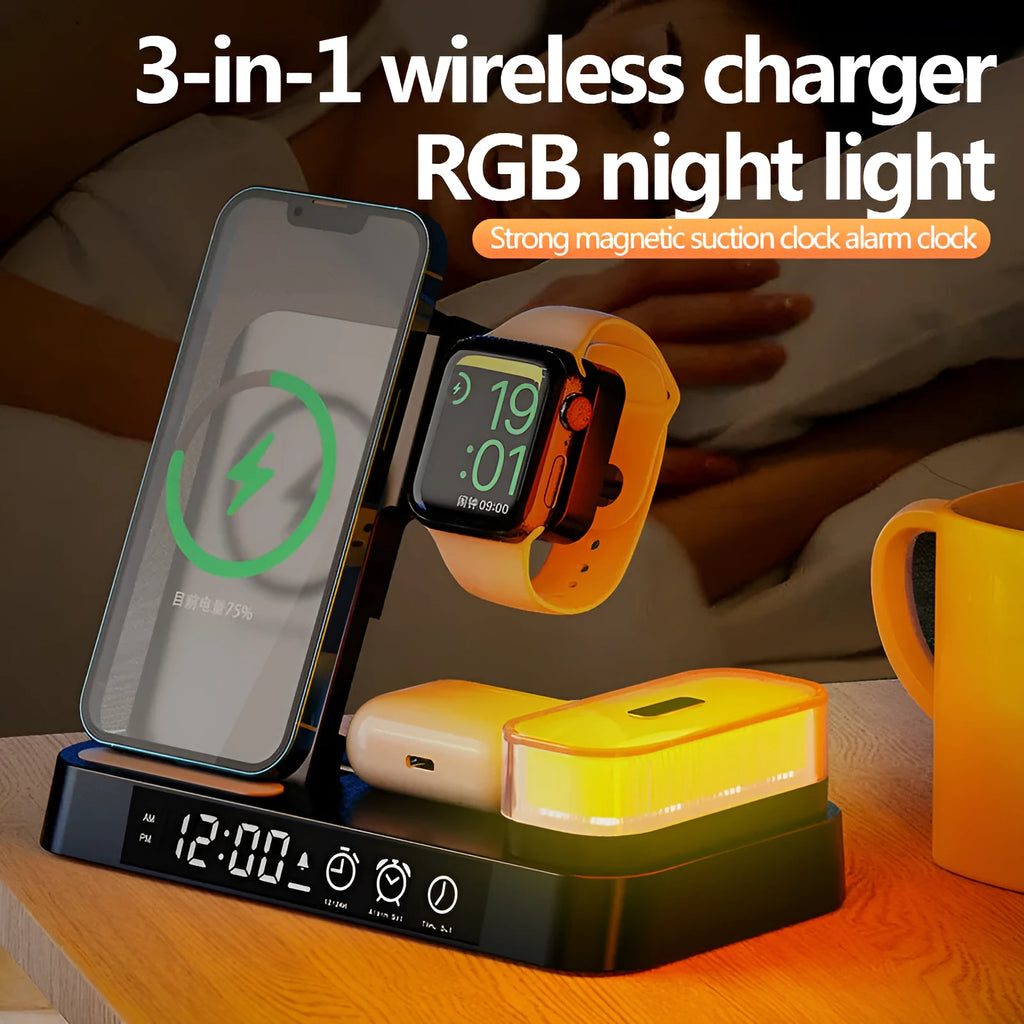 4-in-1 wireless charger station with foldable stand, alarm clock display, and RGB night light in white