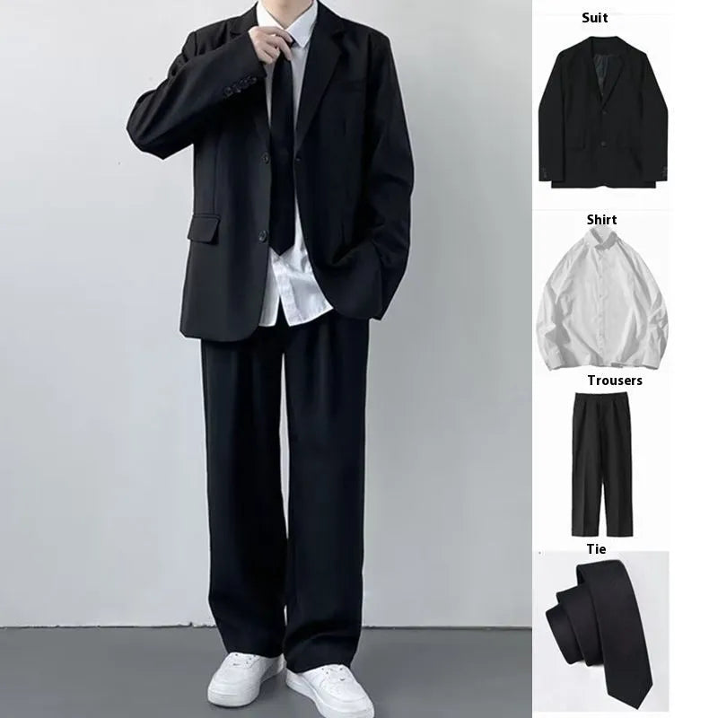 Men's plus size three-piece suit set in loose college style with white shirt and tie