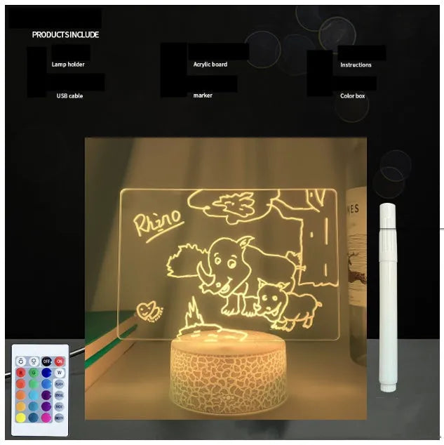 3D acrylic message board with LED lighting and remote control on wooden surface