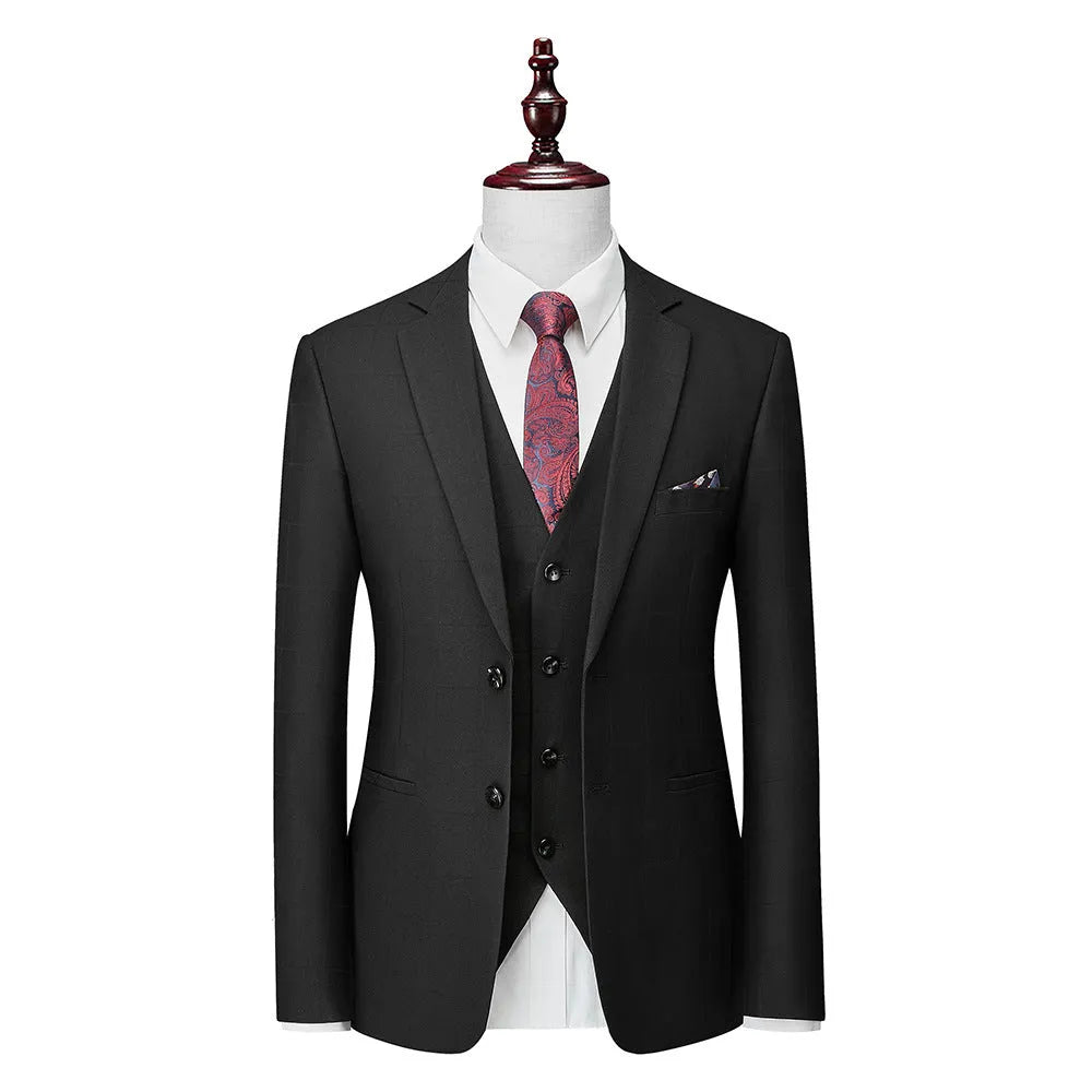 Men's navy blue three-piece slim fit business casual suit with vest, jacket and trousers