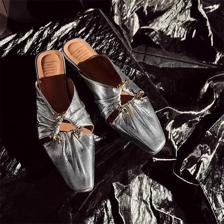 Genuine leather women's half toe cap slippers in gold with low TPR sole and square toe shape