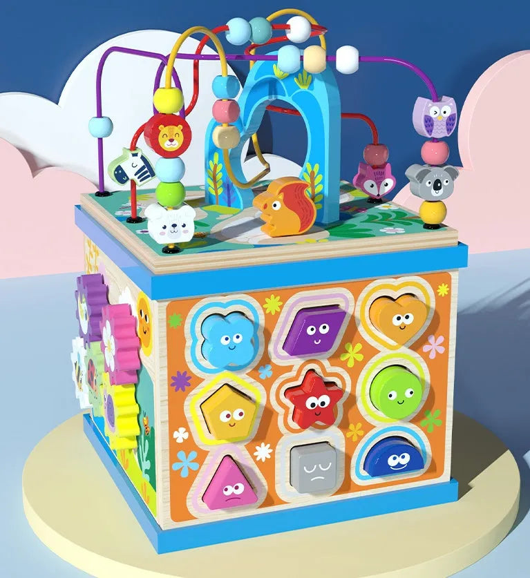 Baby wooden bead treasure box blue multi-functional scenes on table