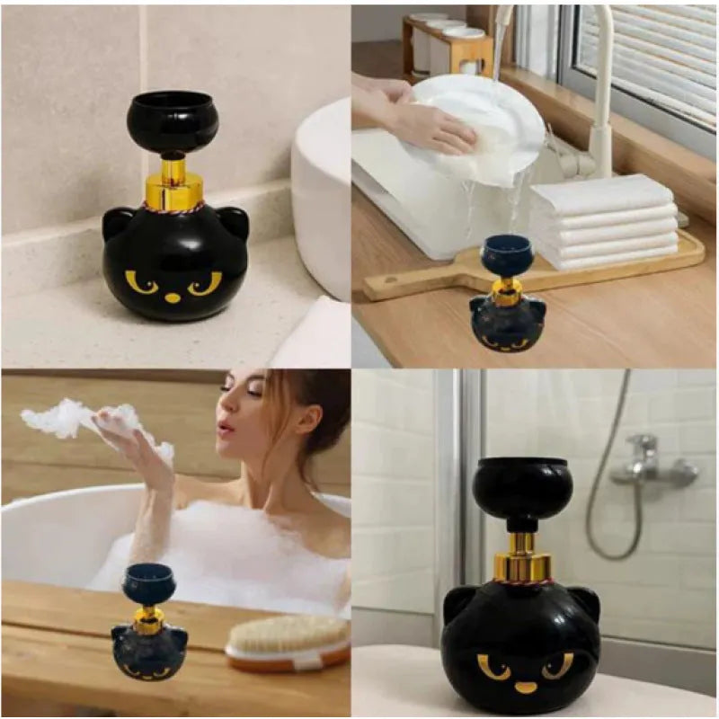Black cartoon cat-shaped plastic soap dispenser pump bottle on a counter.