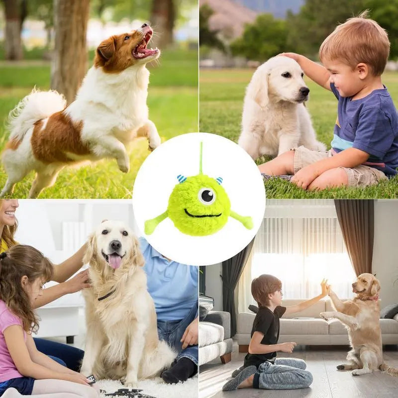 Green interactive dog teething toy ball with sound, 12cm diameter, plush and TPR construction