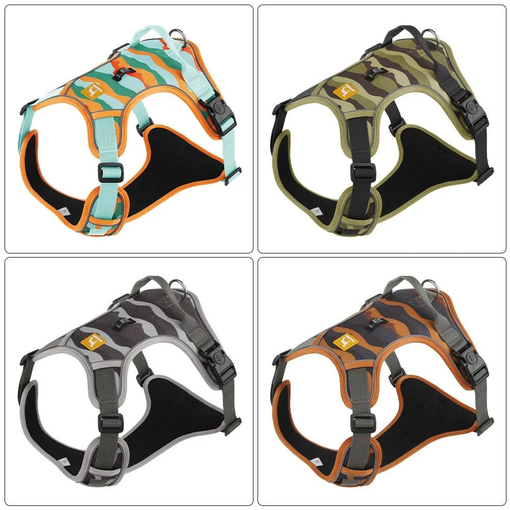 Orange reflective dog harness with chest and back straps and a hand-holding rope clip.