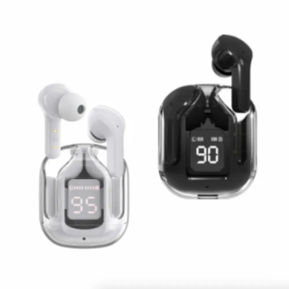 Space Capsule transparent case Bluetooth headset with digital display screen in multiple colour options
