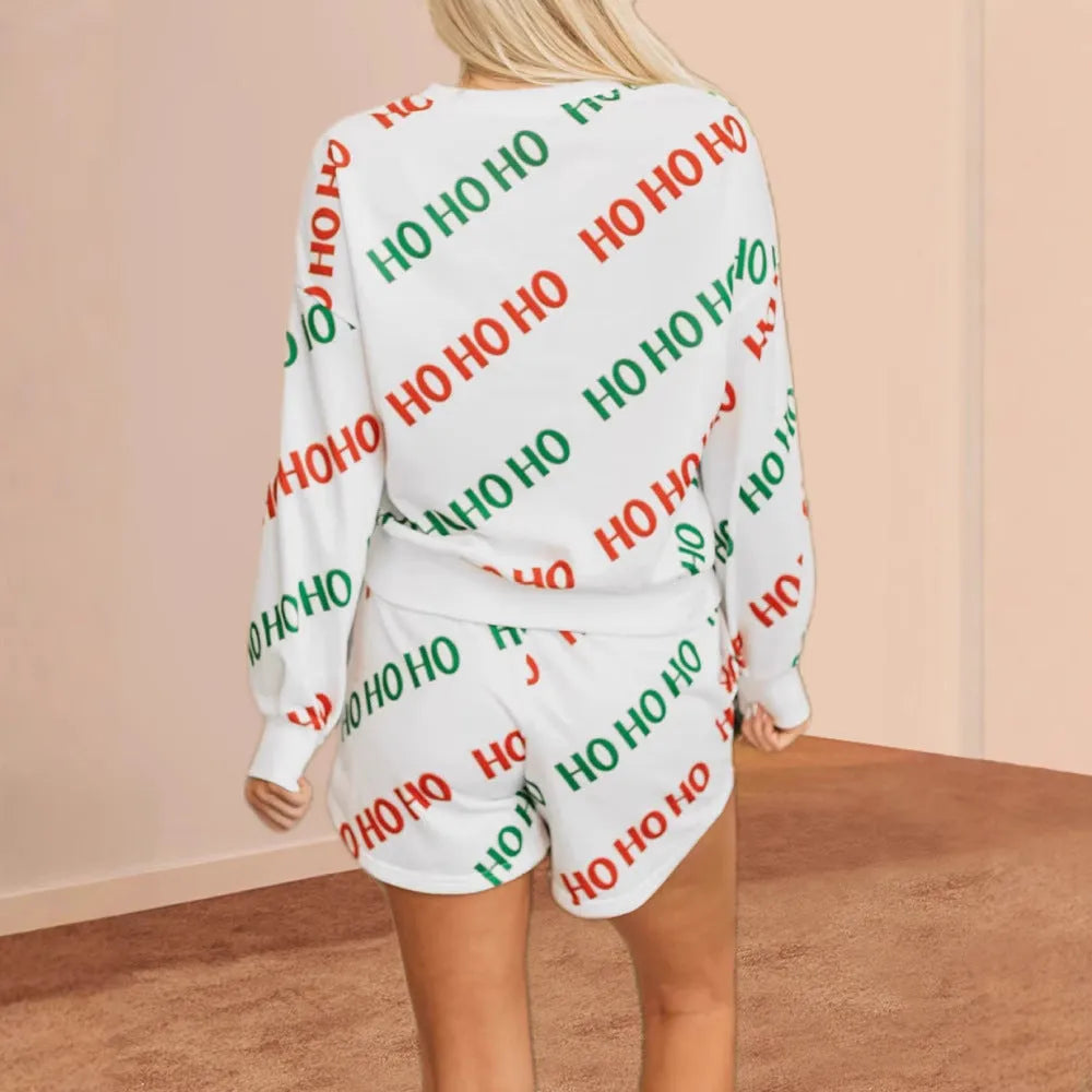 White women's two-piece suit with letter printing, long sleeves, and fifth-length pants in street fashion style