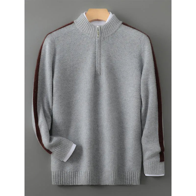 Half-zip wool sweater in Chinese red colour with round neck and regular sleeves