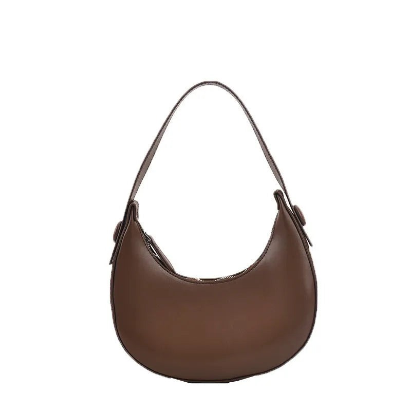 Retro dumpling-shaped women's PU leather shoulder bag in black with sandwich pockets