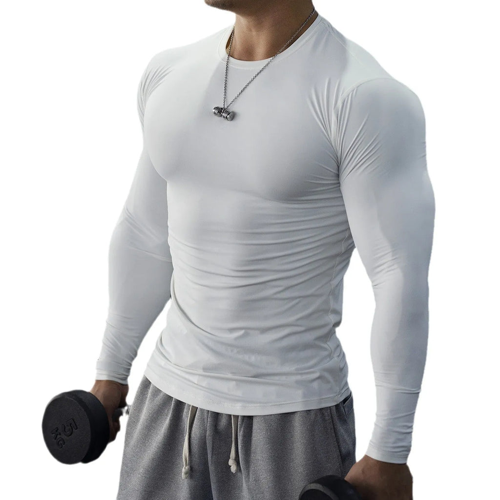 Men's long sleeve black fitness tights in slim fit for running and training.