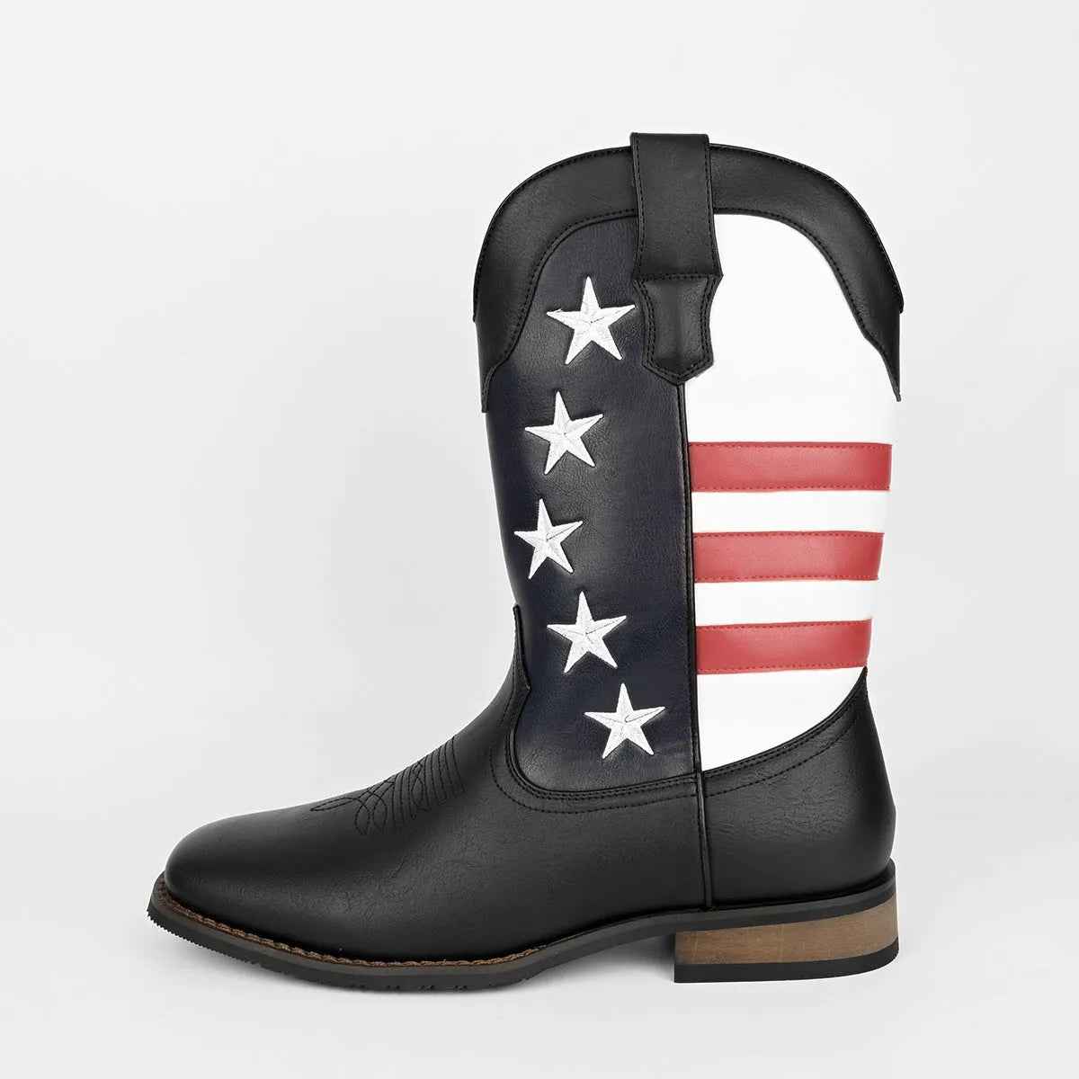 Men's western cowboy boots with five-pointed star design, square heel, round toe, artificial leather, available in sizes 7-15