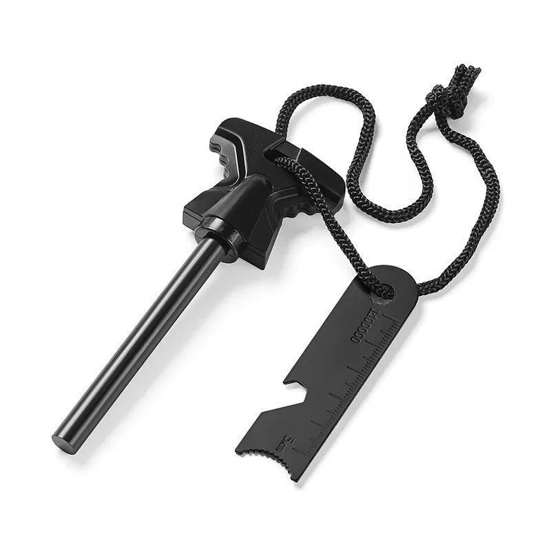 Butterfly-shaped stainless steel survival tool with bottle opener, doctor blade, and point firestone