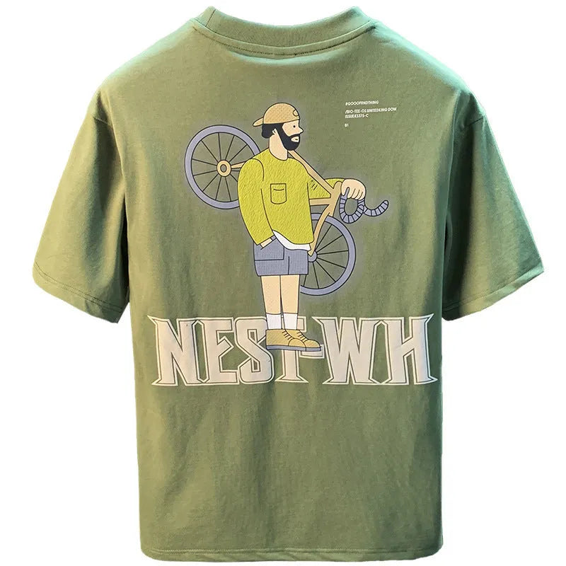 Green men's loose fit T-shirt with a literary print on the front, short sleeves.