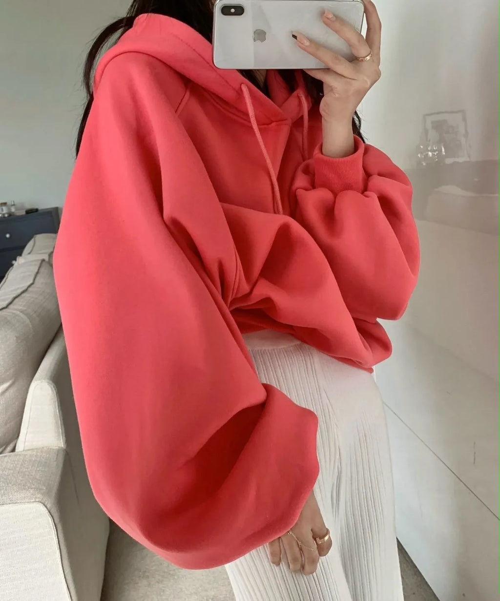 Women's mulberry silk hooded sweater in watermelon red colour with loose pullover style