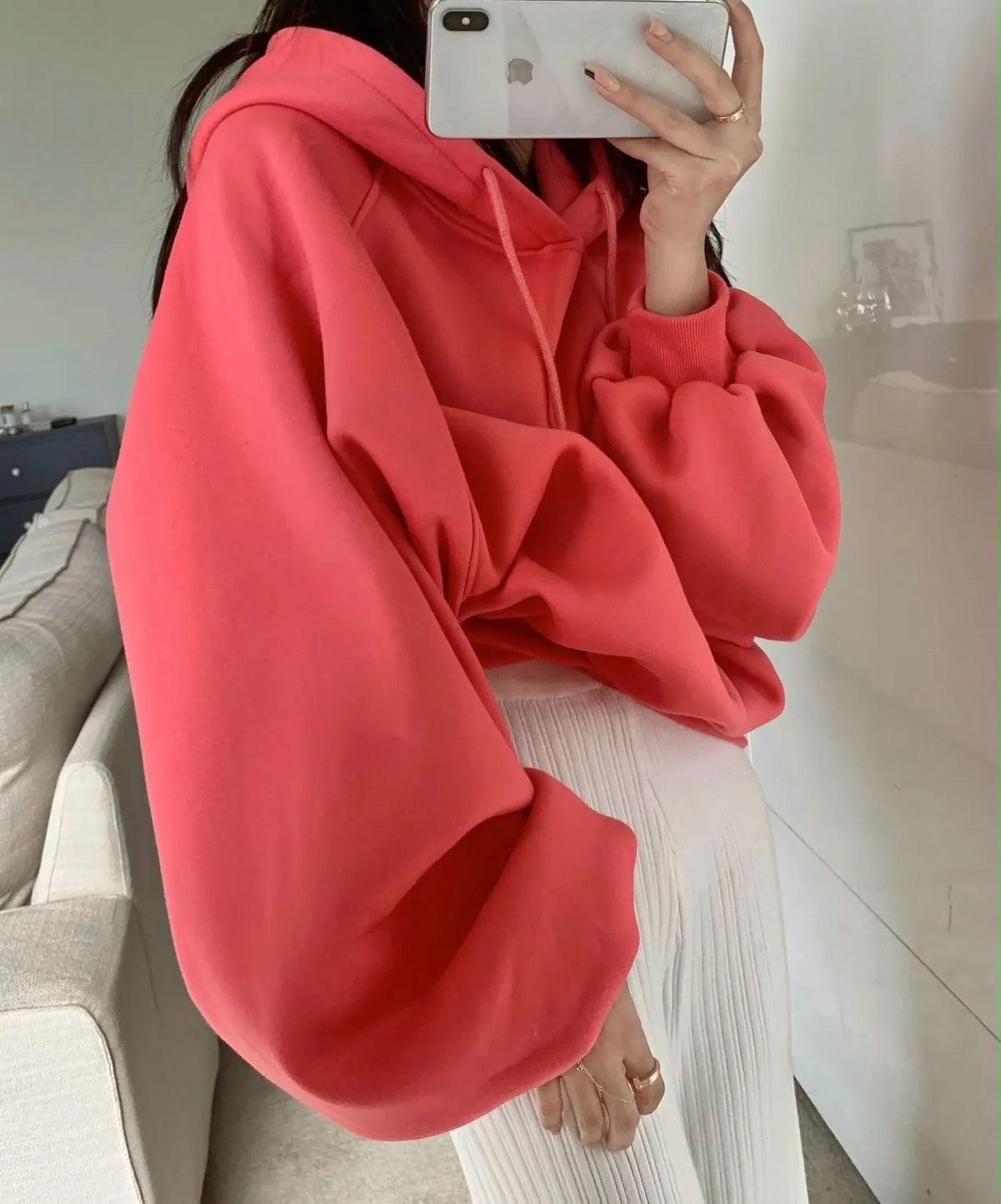 Women's mulberry silk hooded sweater in watermelon red colour with loose pullover style