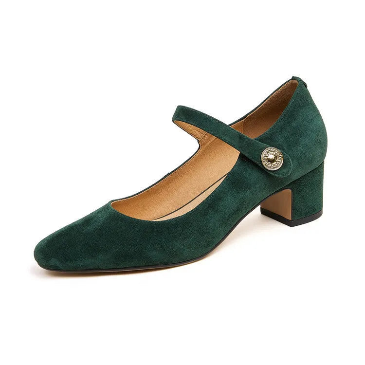 Women's Mary Jane chunky heel pumps in black suede with square toe and shallow mouth on a white background