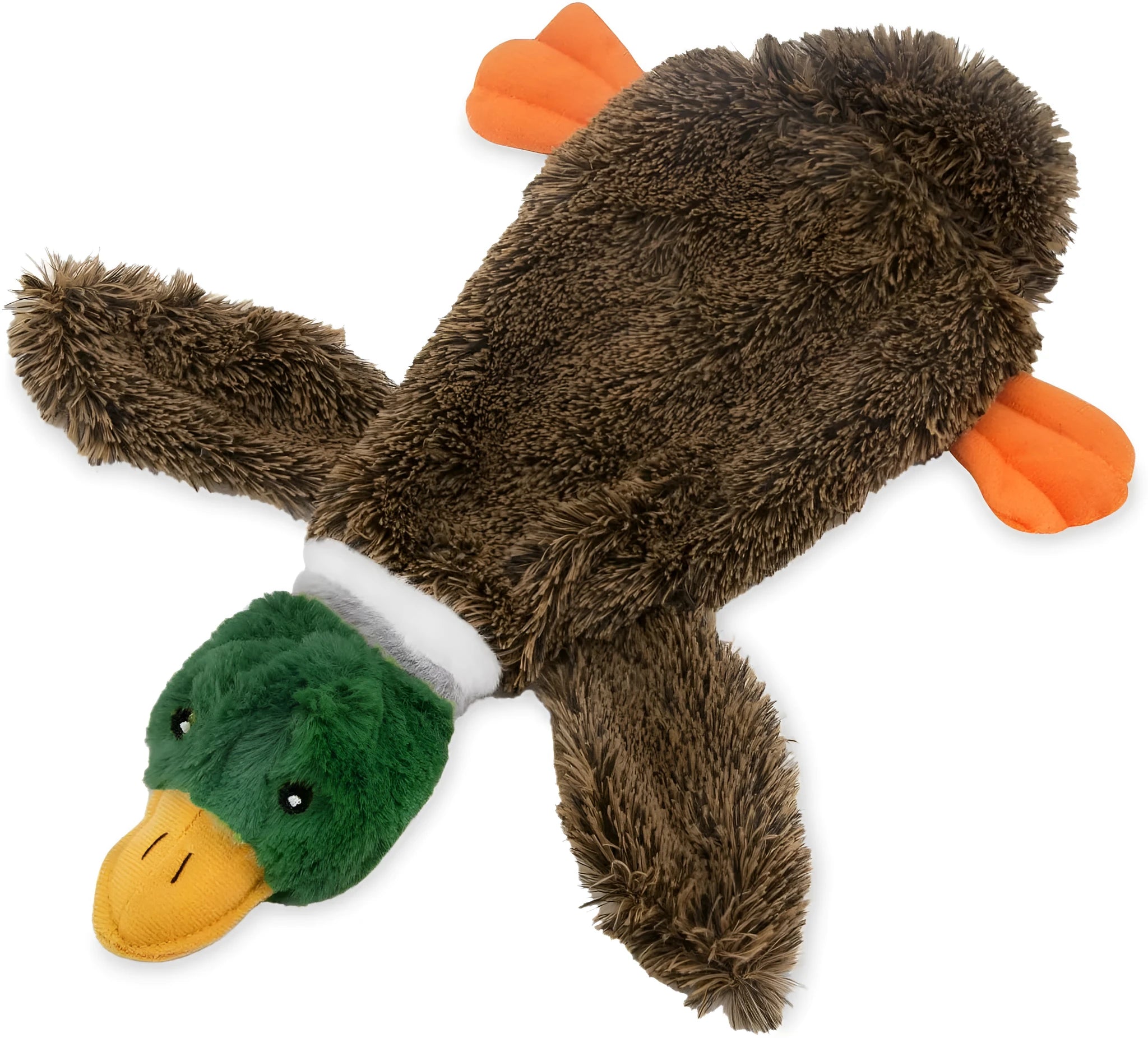 Wild duck design stuffless dog toy with cavity for plastic bottles and two squeakers