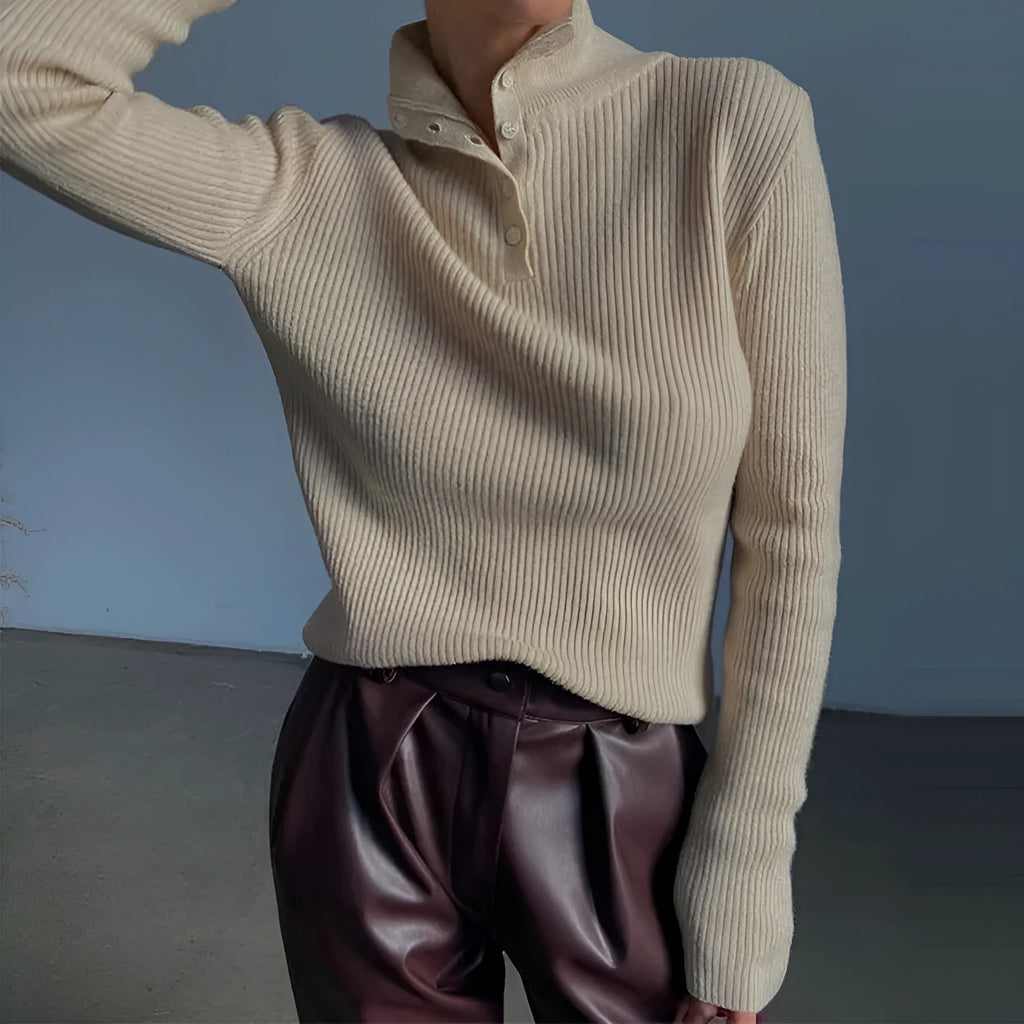 Retro half turtleneck pullover sweater in slim fit with single-breasted placket