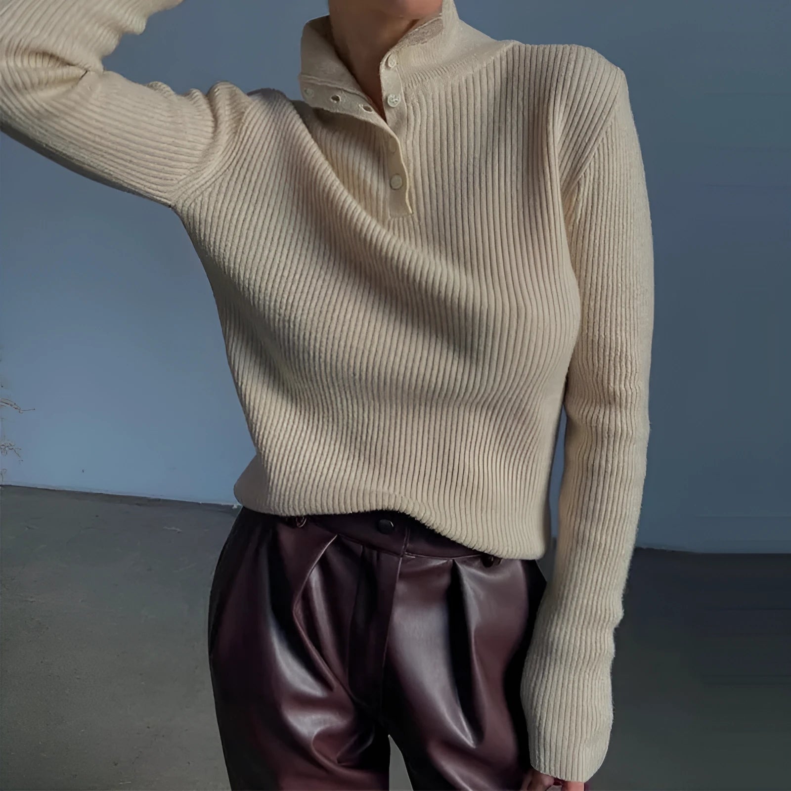 Retro half turtleneck pullover sweater in slim fit with single-breasted placket