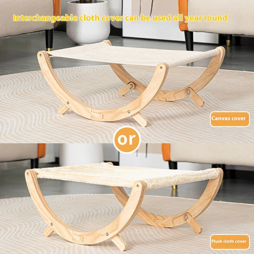 Solid wood foldable cat shaker bed hammock with canvas pad, 55x41x22cm