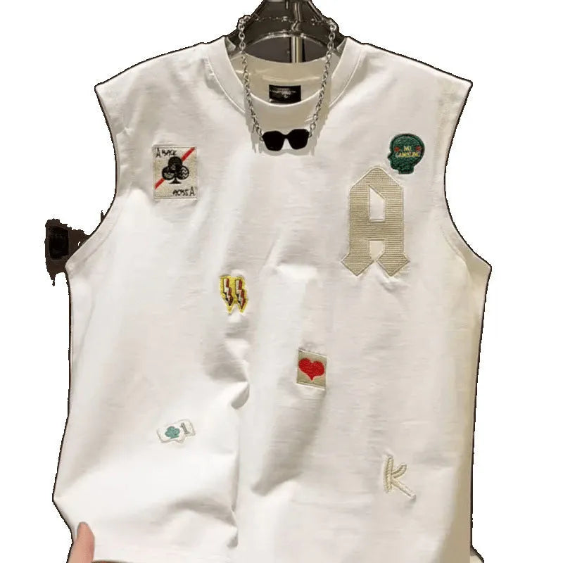 Men cartoon printed cotton sleeveless vest T-shirt in black, loose fit, youth fashion style