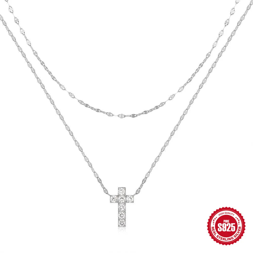 Sterling silver double layer twin diamond cross pendant necklace on clavicle chain