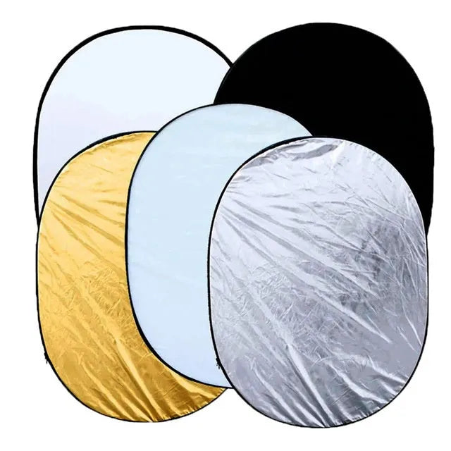 60x90cm collapsible 5-in-1 photography reflector with gold, silver, white, black, and translucent surfaces.