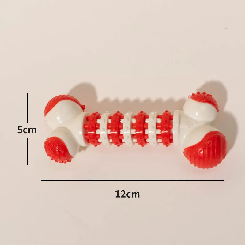 Blue, orange, and red bone-shaped interactive dog toy with treat holder for small breed dogs