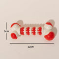 Blue, orange, and red bone-shaped interactive dog toy with treat holder for small breed dogs