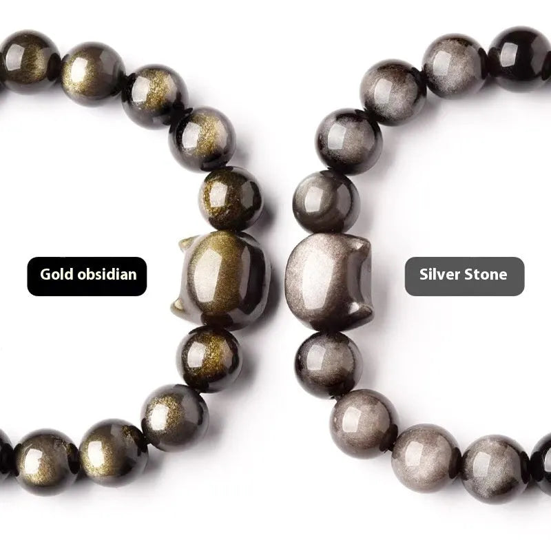 Natural obsidian cat head bracelet with round polished beads, gold or silver style accessory, 8mm or 10mm unisex