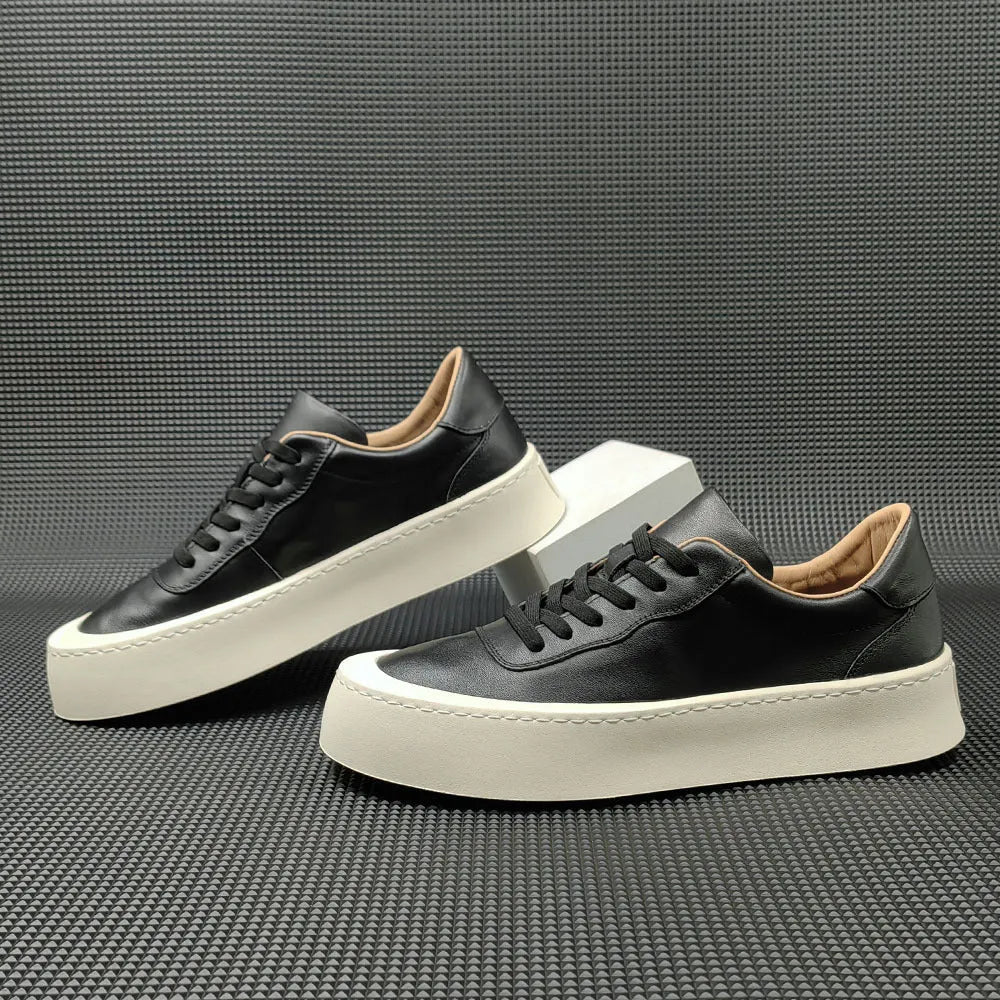 Boys first layer cowhide board shoes thick platform sole black colour round toe low top