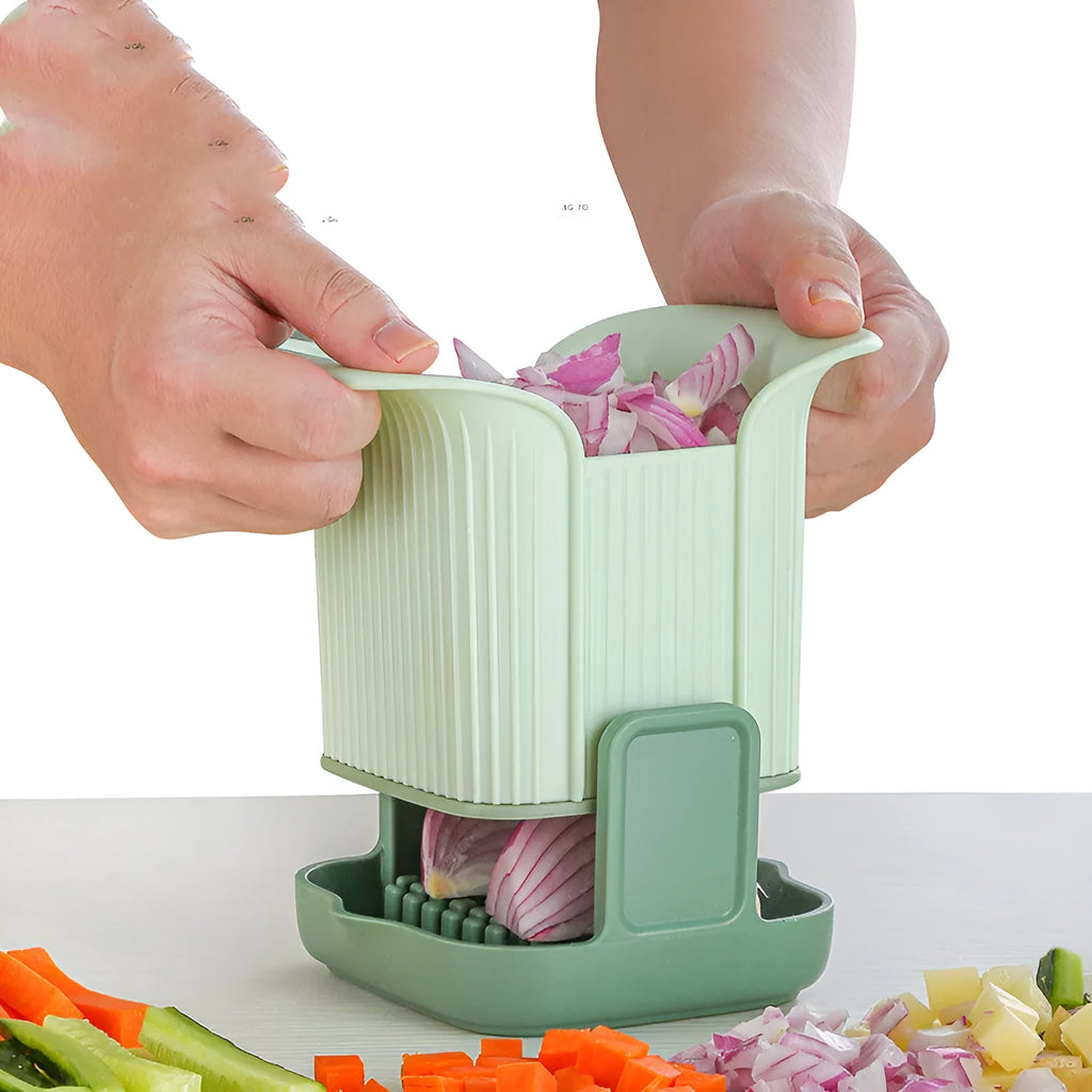 Multifunctional green vegetable chopper with hand press and stainless steel blade for slicing potatoes and onions