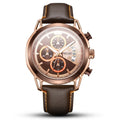 Men's quartz chronograph watch with luminous hands, leather strap, and alloy case on black background