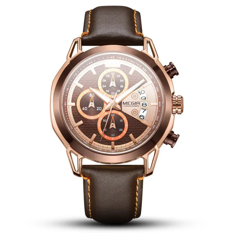 Men's quartz chronograph watch with luminous hands, leather strap, and alloy case on black background
