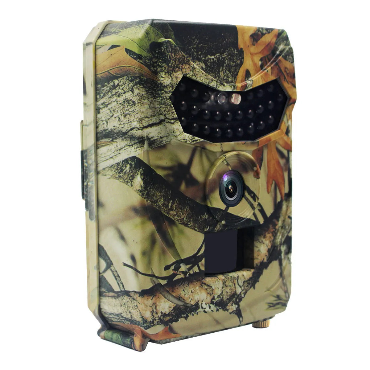 Yellow brown plastic 16MP hunting game camera with infrared LEDs and wide-angle lens.