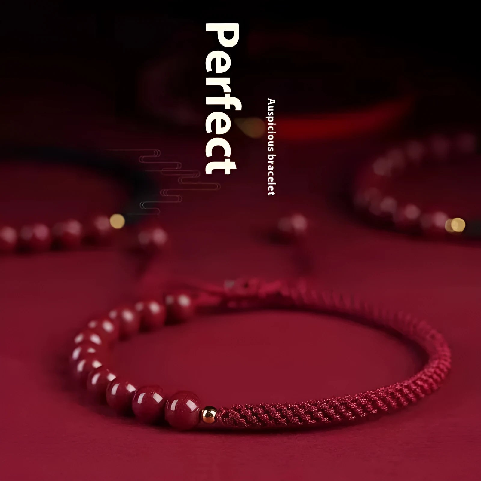Braided rope bracelet with cinnabar beads in 8mm diameter and wine red colour