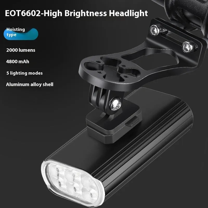 2000LM aluminium alloy bicycle headlight with 6 XPT beads, quick-release base, and USB Type-C port