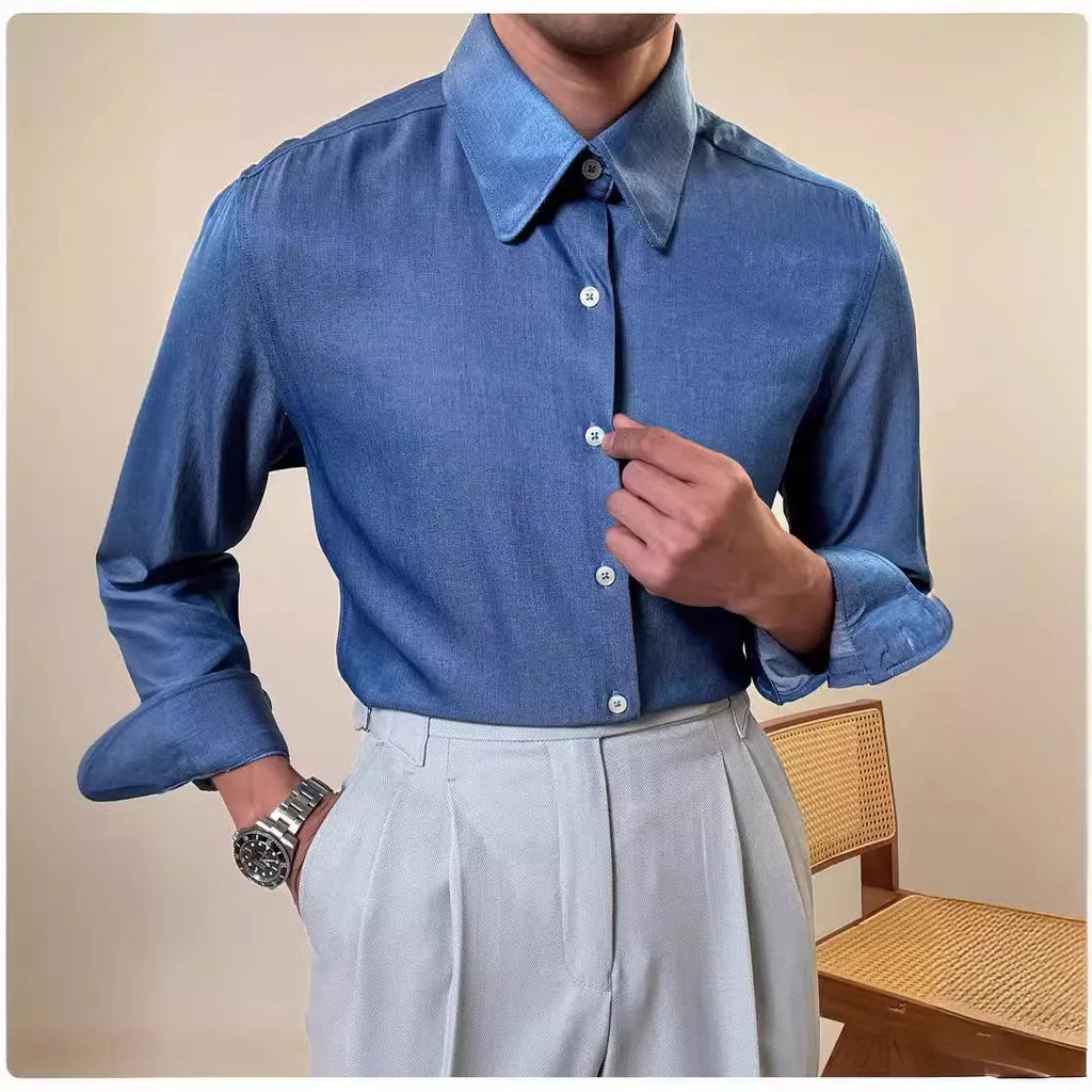 Men's slim fit long sleeve shirt in blue with round collar on hanger