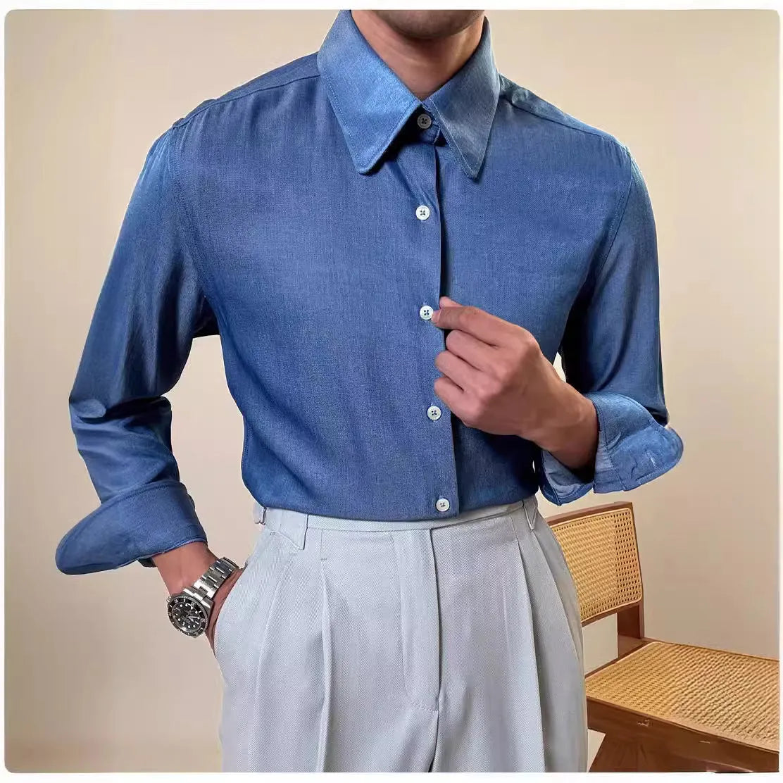 Men's slim fit long sleeve shirt in blue with round collar on hanger
