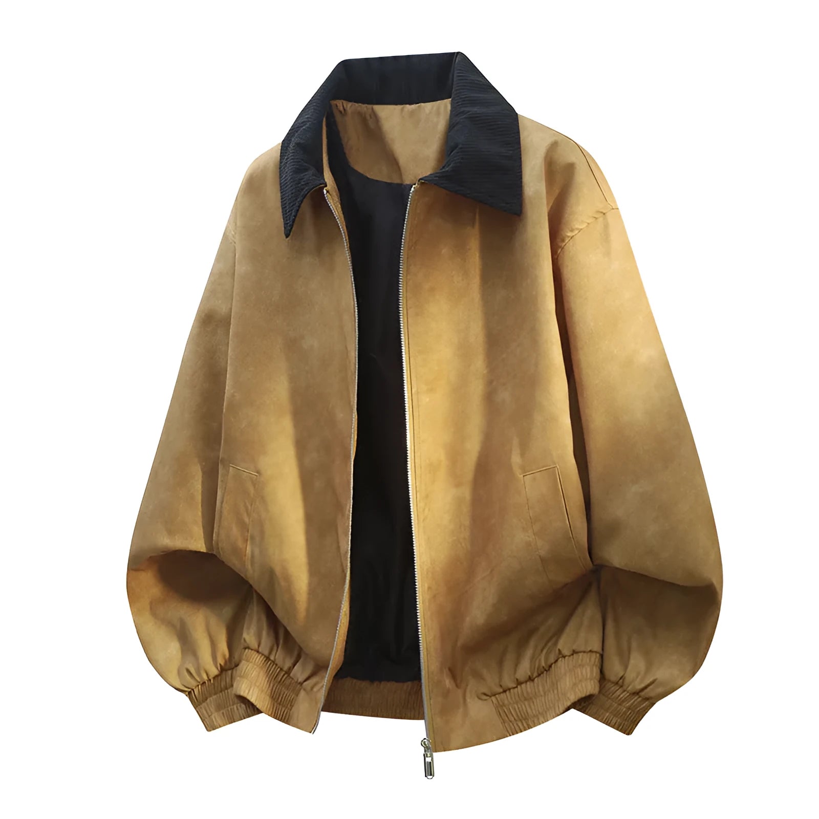 Men's black casual lapel jacket with stitching detail on collar and side seam pockets