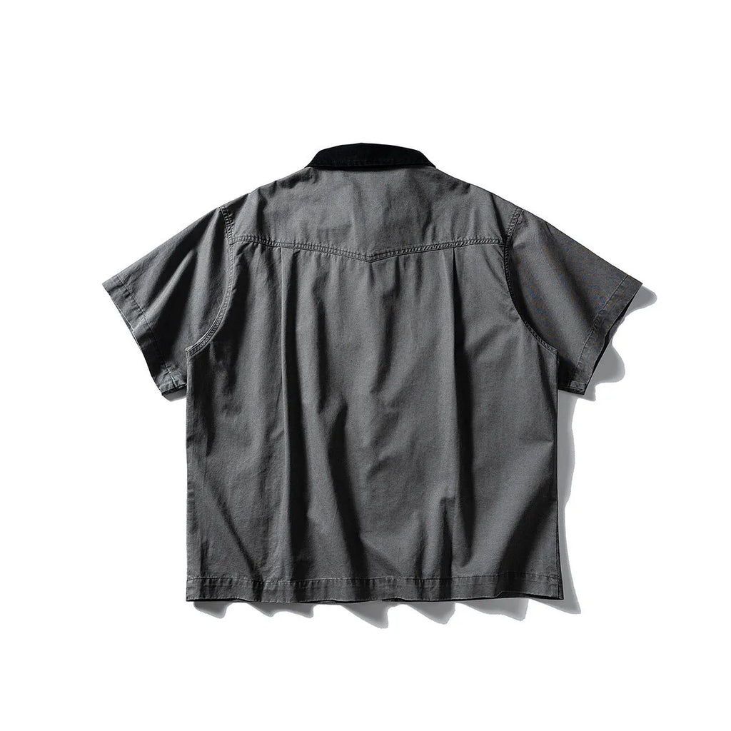Washed cotton short-sleeve overalls shirt in loose cardigan style for teenage leisure wear