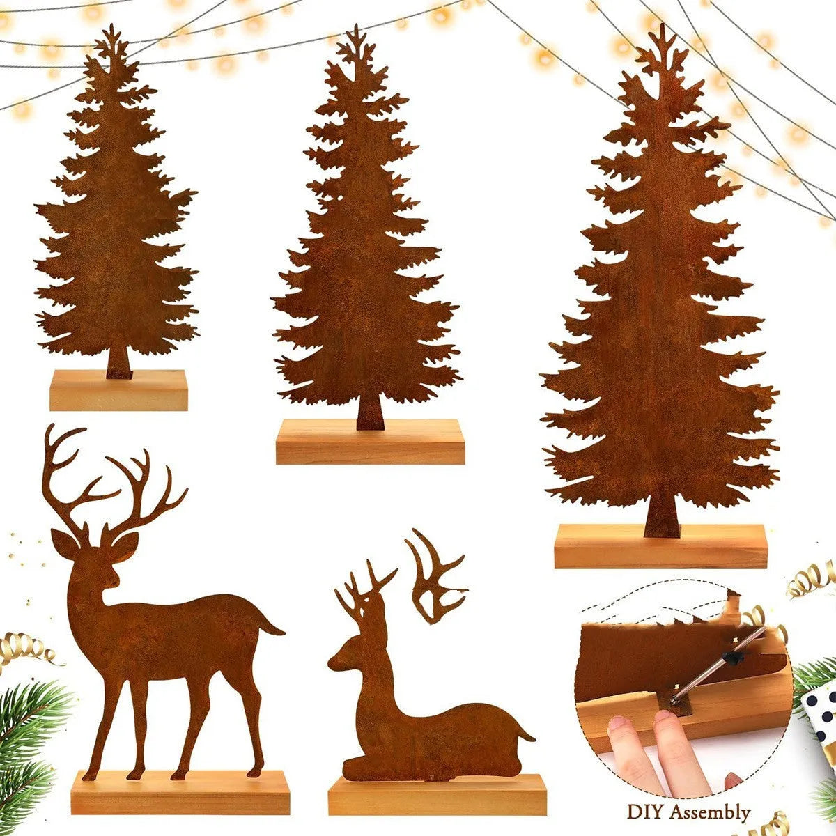 Three metal Christmas tree decorations with elk antlers in rustic finish
