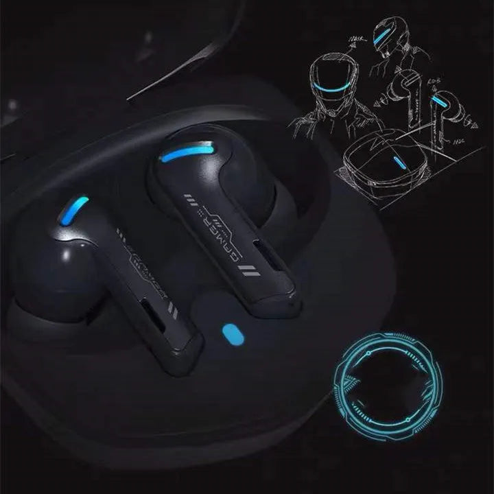 QCY-G1 wireless gaming headset in grey with charging compartment and Type-C cable
