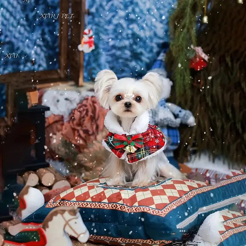 Pet festive scarf in snowflake and bell designs on red and blue backgrounds for dogs and cats